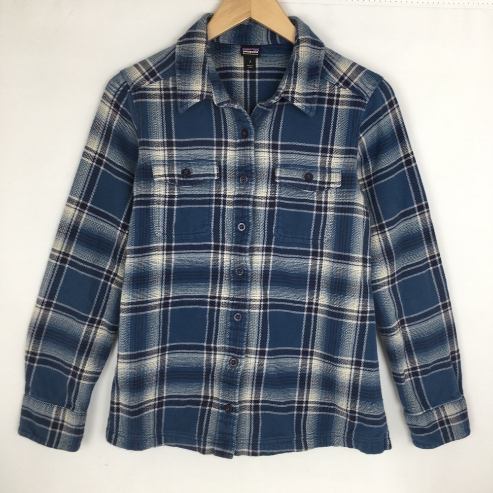 Patagonia Women's Fjord Flannel Button Up Shirt Organic Cotton Blue Plaid Sz 2